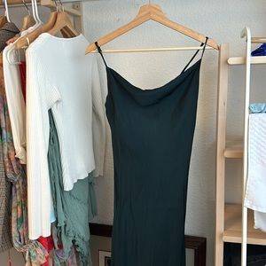 Faux silk Zara midi dress with cowl neckline in forest green, size small